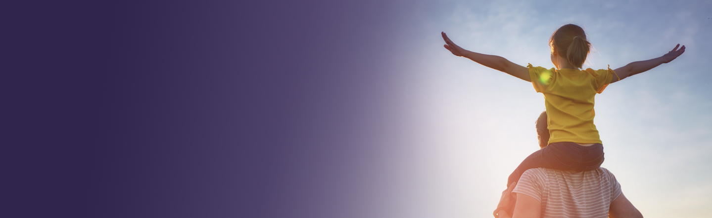 Viatris hero image with child on shoulders at sunset, promoting company presence in Norway.