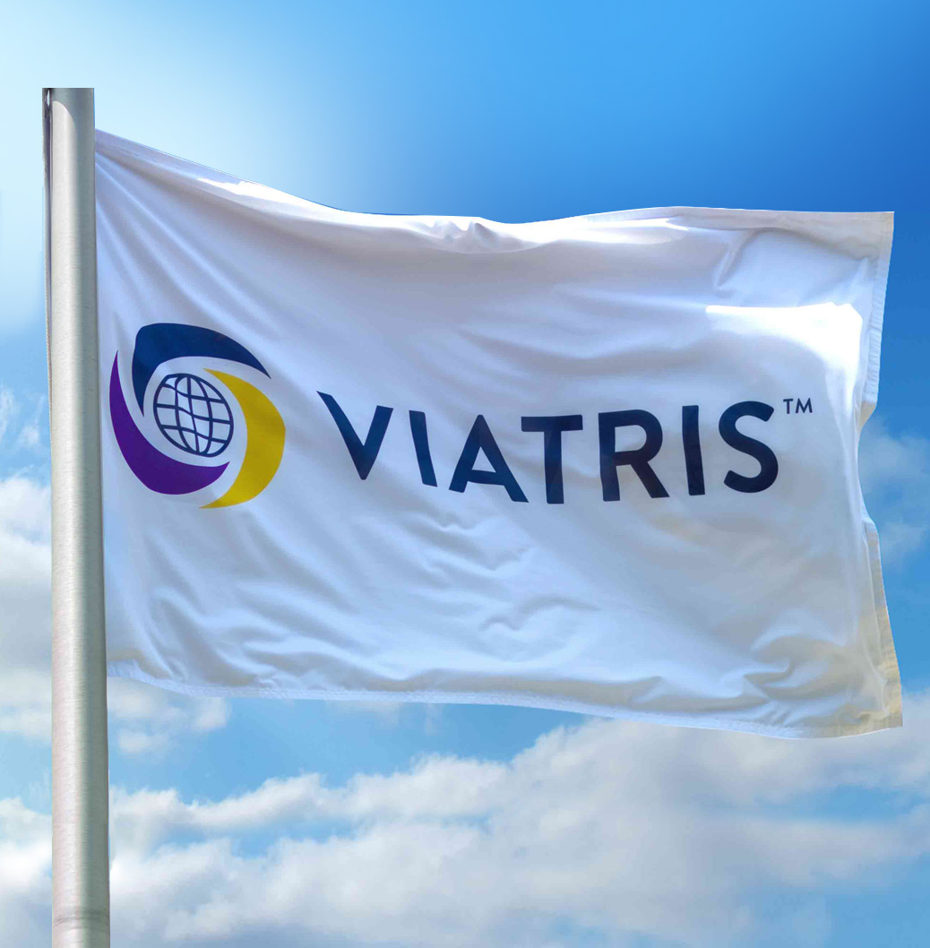 Viatris leadership banner with company flag waving, highlighting commitment to global healthcare innovation.