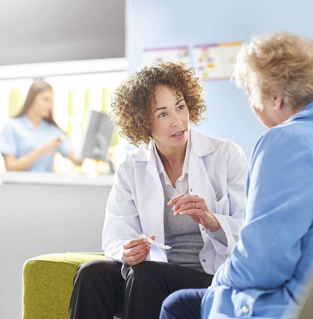 Viatris products banner with healthcare provider speaking to patient, emphasizing access to quality medicines.